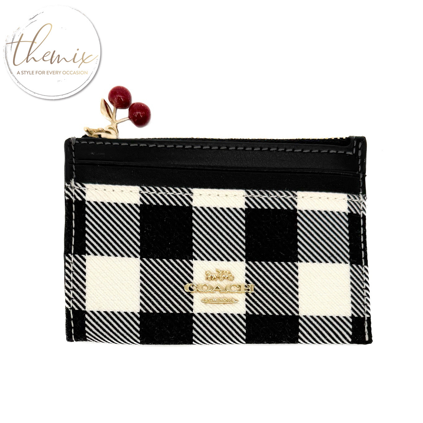 COACH Mini Skinny ID Case with Gingham Print and Charm