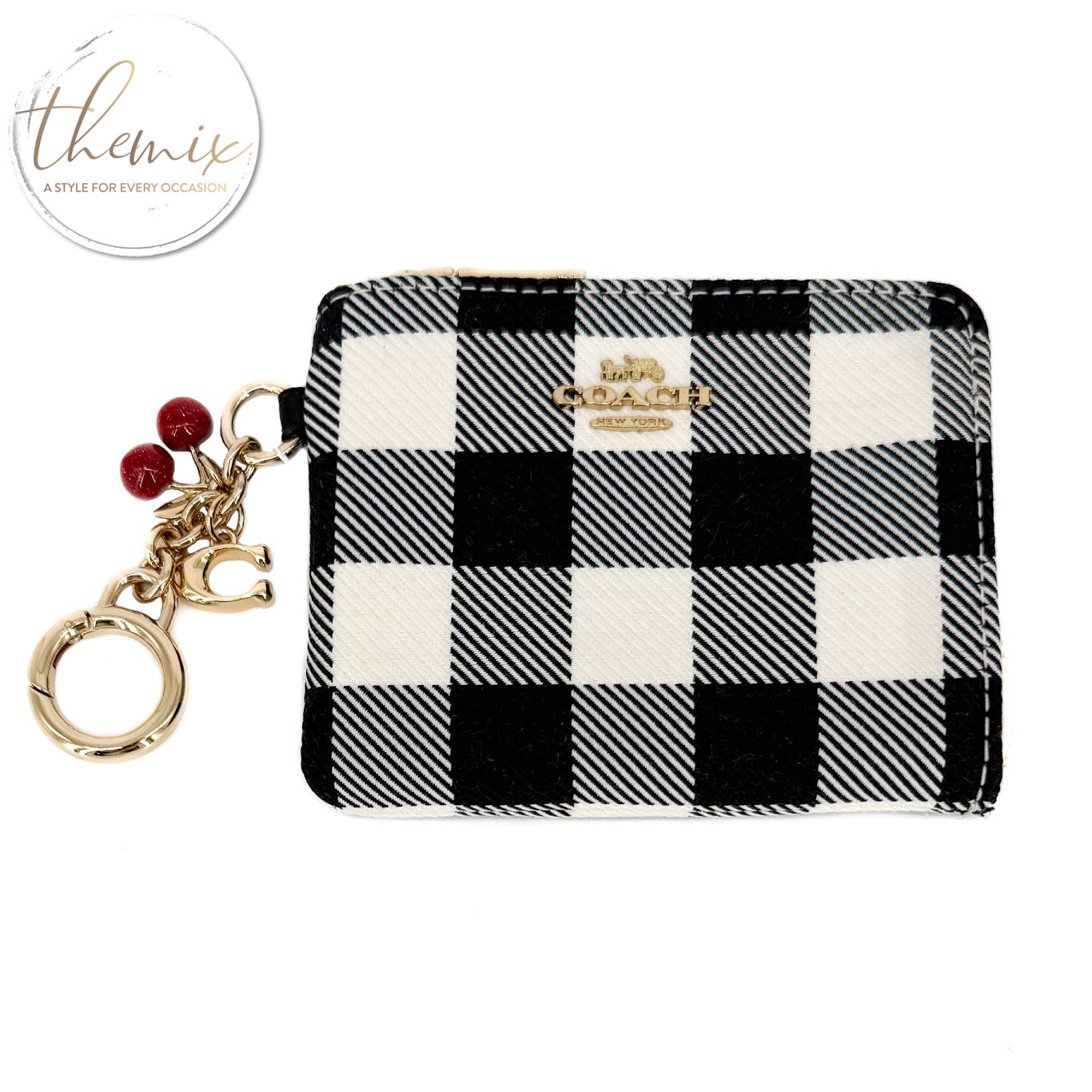 COACH Small Corner Zip Wallet with Gingham Print and Charm