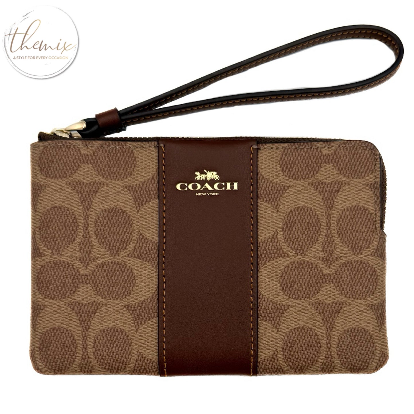 COACH Corner Zip Signature Wristlet with Stripe