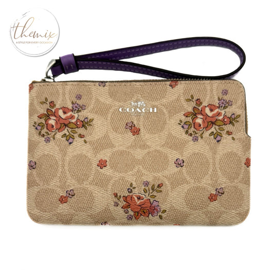 COACH Corner Zip Floral Print On Signature Canvas Wristlet