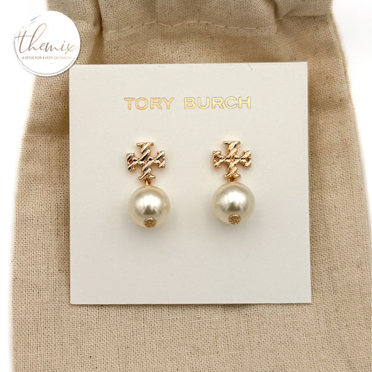 Tory Burch Textured Rope Logo Pearl Drop Earring