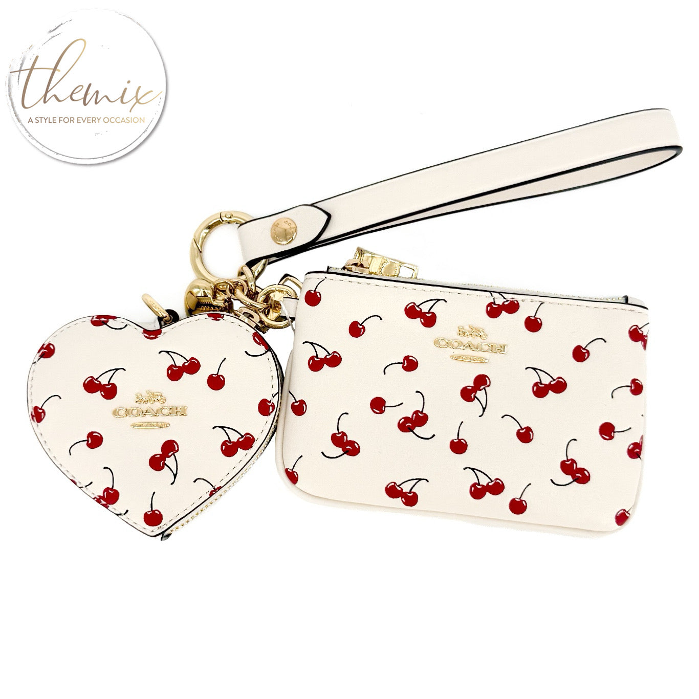 COACH Wristlet and Heart Pouch with Cherry Print and Charm