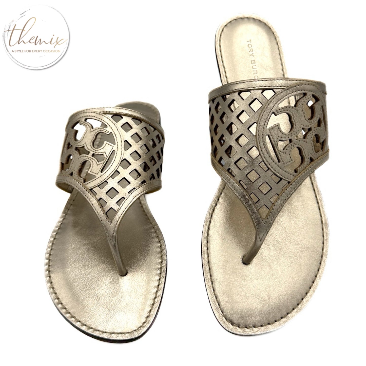 Tory Burch Thatched Perf Thong Metallic Sandals